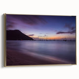 Framed canvas depicting a vintage-style landscape of Saint Lucia with lush greens and ocean blues.