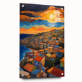 Large abstract wall art of Caribbean scenery in vibrant blue and green hues on acrylic glass.