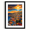 Extra large abstract art print of vibrant, colorful Caribbean scenery on textured canvas, framed in black.