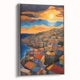 Framed canvas of a vintage-style landscape art painting depicting the Caribbean, featuring vibrant blues and greens.