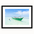 Extra large, colorful abstract art print of Caribbean scenery on textured canvas, framed in black.