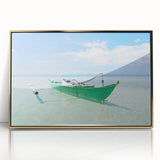 Art deco poster featuring a serene Caribbean landscape on a framed acrylic, with soft blue and green hues.