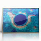 Mid-century modernist acrylic print of a Central American scenery in gold frame, suitable for modern art wall decor.