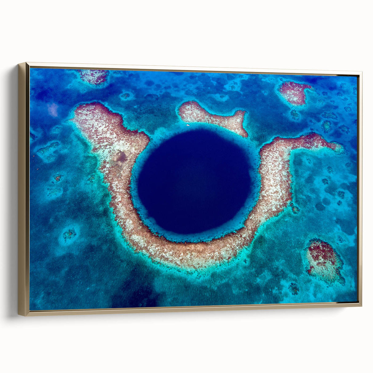 Framed canvas featuring a vintage-style landscape painting of a Belize scenery with muted earth tones.