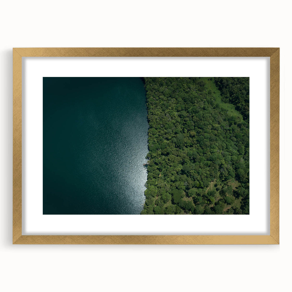 Extra large abstract art print of a textured Costa Rican landscape in gold frame, suited for living room decor.