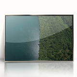 Mid-century modernist art featuring a serene Costa Rican landscape in muted earth tones, framed in silver acrylic.