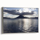 Landscape art painting of a Guatemalan scenery on a silver-framed canvas, featuring colorful art in a vintage poster style.