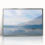Mid-century modernist art depicting a serene Honduran landscape in muted earth tones on a silver-framed acrylic print.