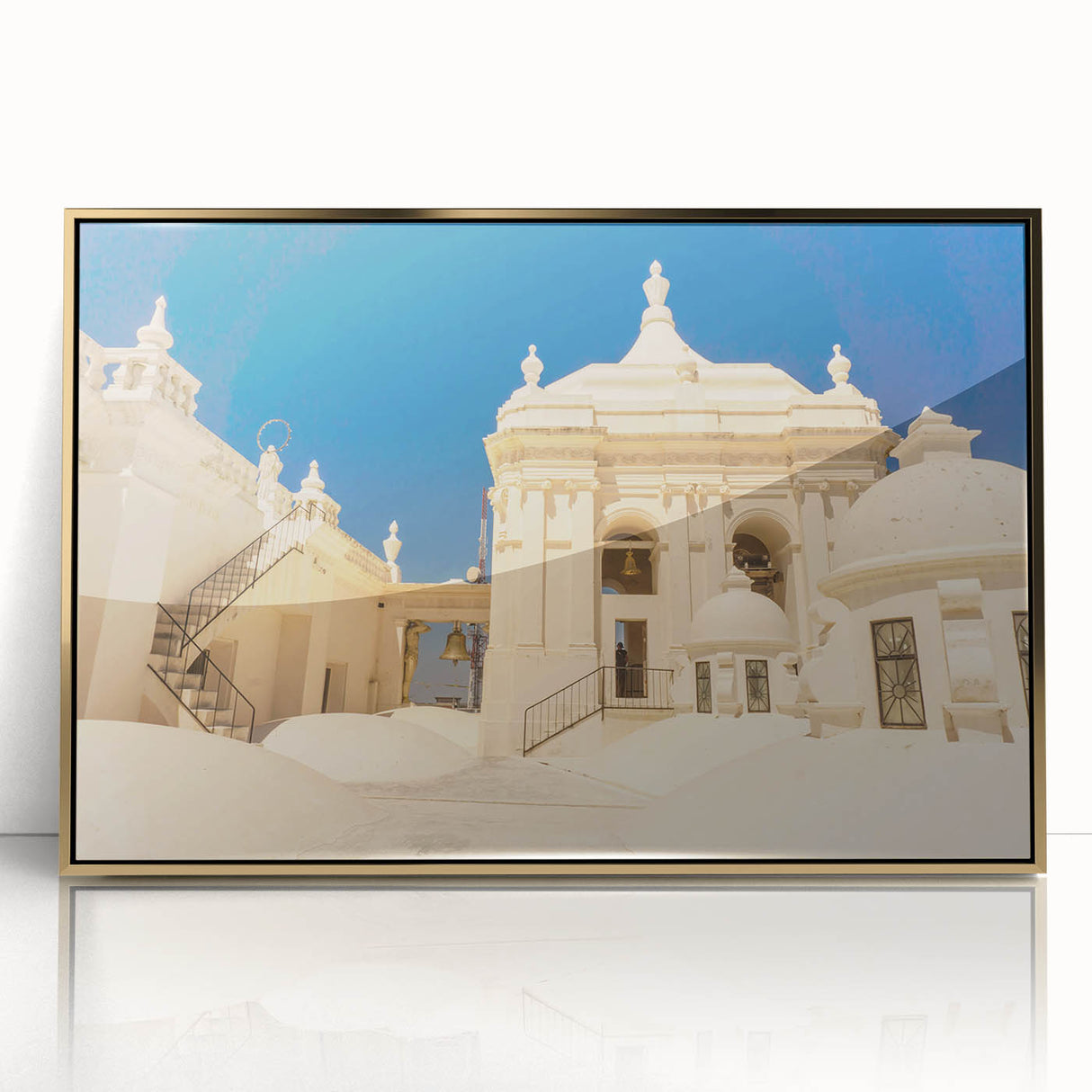 Mid-century modernist style acrylic print of a Central American landscape, framed in gold, ideal for modern art wall decor.