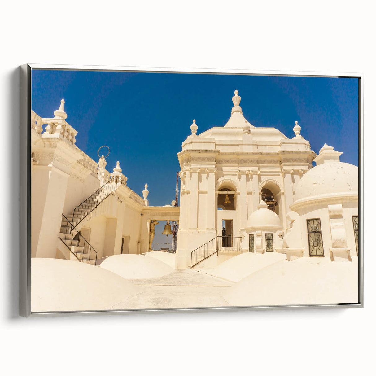 Landscape art painting of a colorful Central American scenery on a silver-framed canvas, ideal for living room decor.