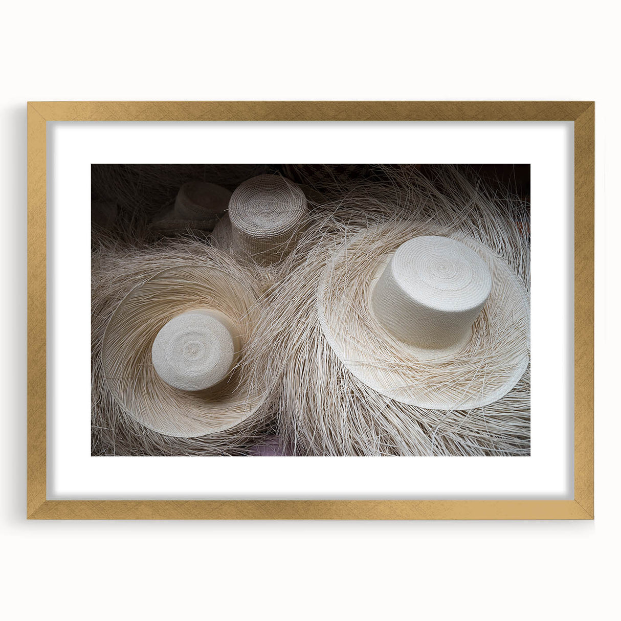 Extra large framed abstract art print depicting Central American scenery in gold, ideal for living room decor.