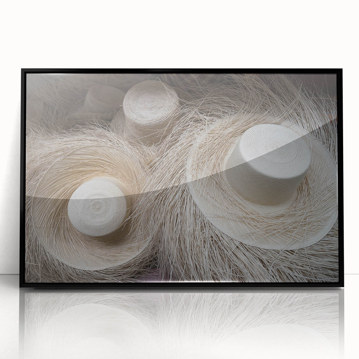 Large abstract wall art featuring a mid-century modernist style depiction of Central America scenery in black acrylic frame.