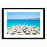 Abstract art print of a colorful European scenery in vibrant hues on a large framed canvas, suited for living room decor.