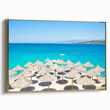 Framed canvas featuring a vintage-style landscape painting of an Albanian scenery in muted earth tones.