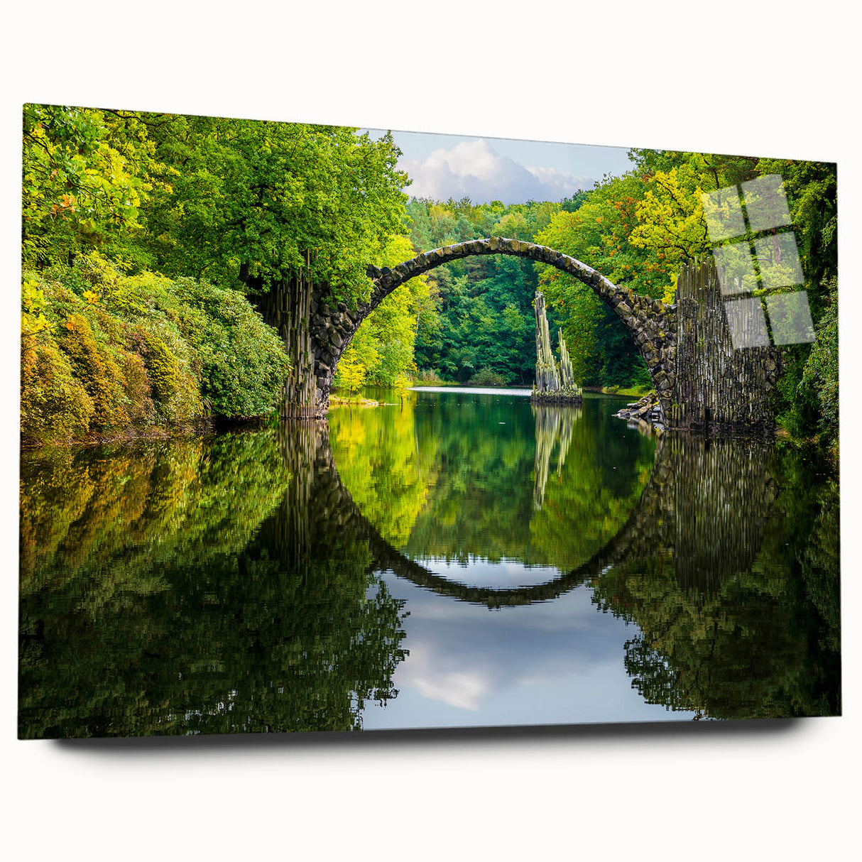 Large abstract wall art depicting a European landscape in muted earth tones on acrylic glass.