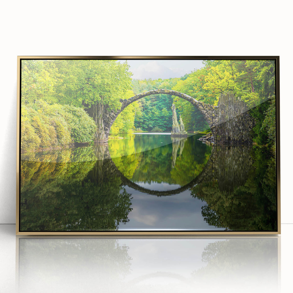 Acrylic print of a serene Bulgarian landscape in muted gold and green tones, framed.