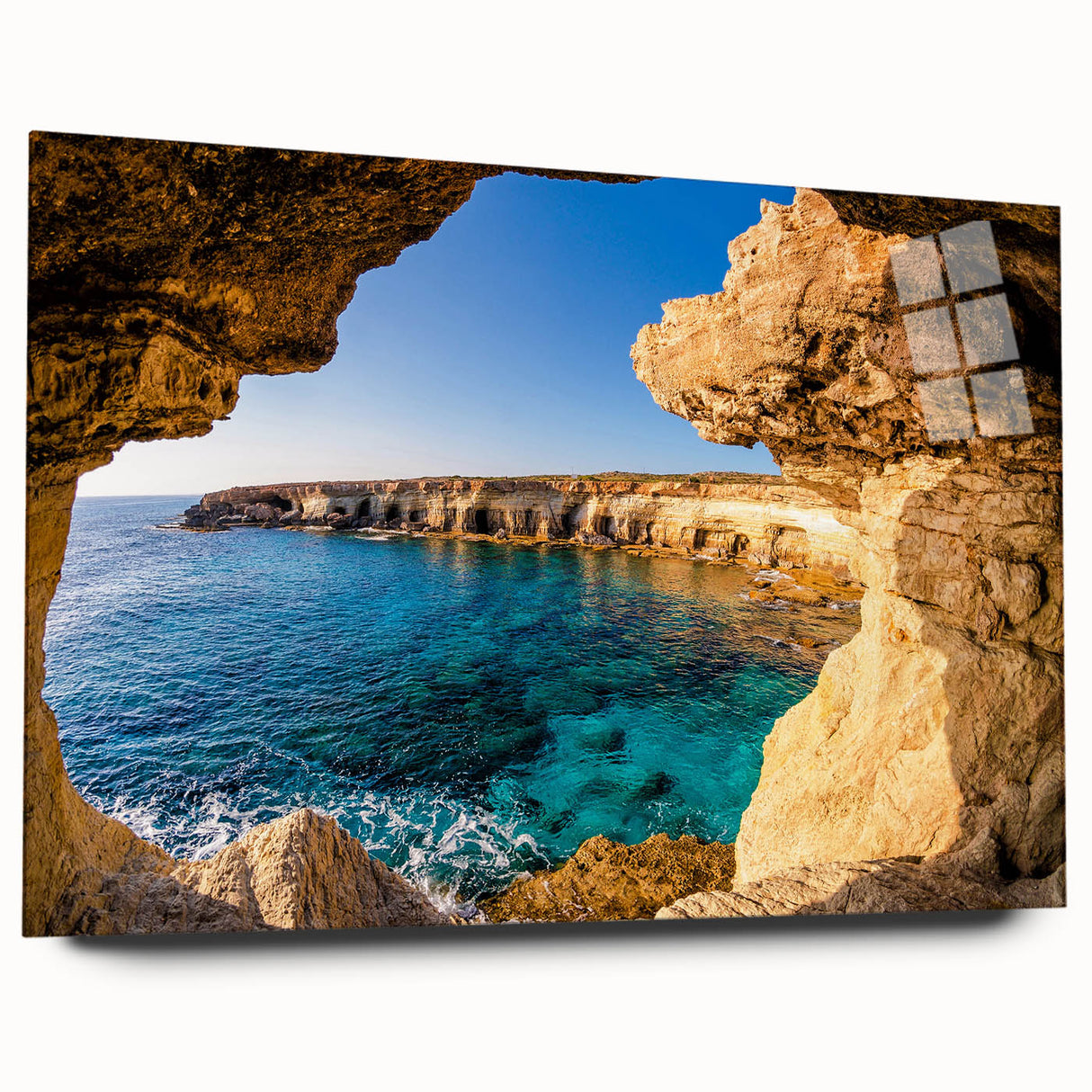 Large abstract wall art of a European Cyprus landscape in muted earth tones on acrylic glass.