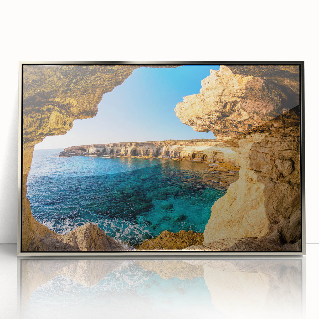 Large art print of a European Cyprus landscape in muted earth tones on a framed acrylic, suitable for modern art wall decor.