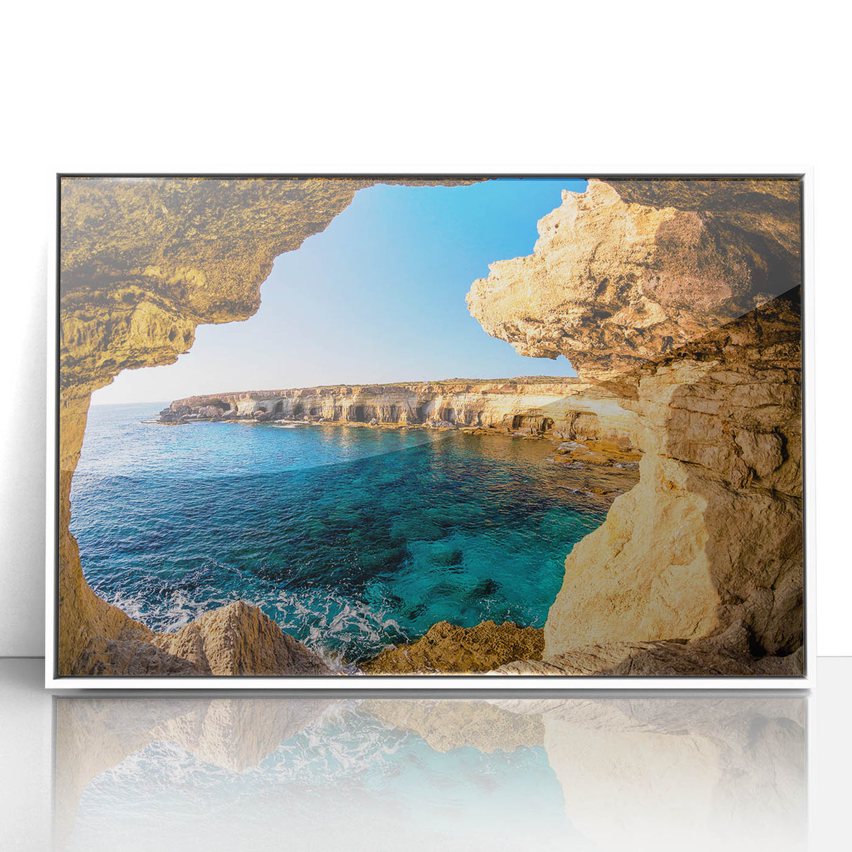 Mid-century modernist art depicting a serene European landscape in Cyprus, framed in white acrylic.