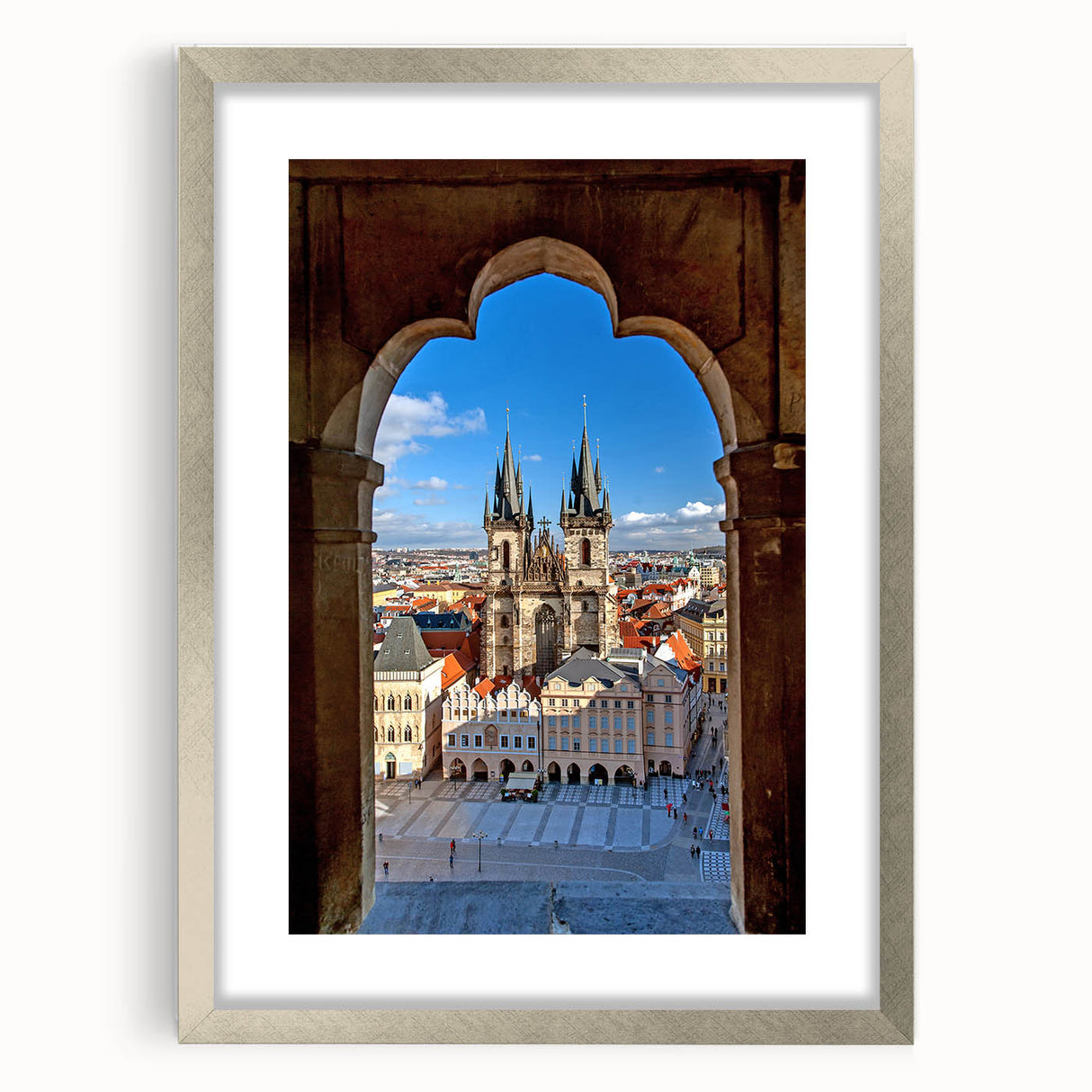 Textured art print of Prague skyline in muted earth tones on a framed canvas, ideal for bedroom art.
