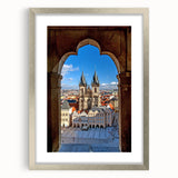 Textured art print of Prague skyline in muted earth tones on a framed canvas, ideal for bedroom art.