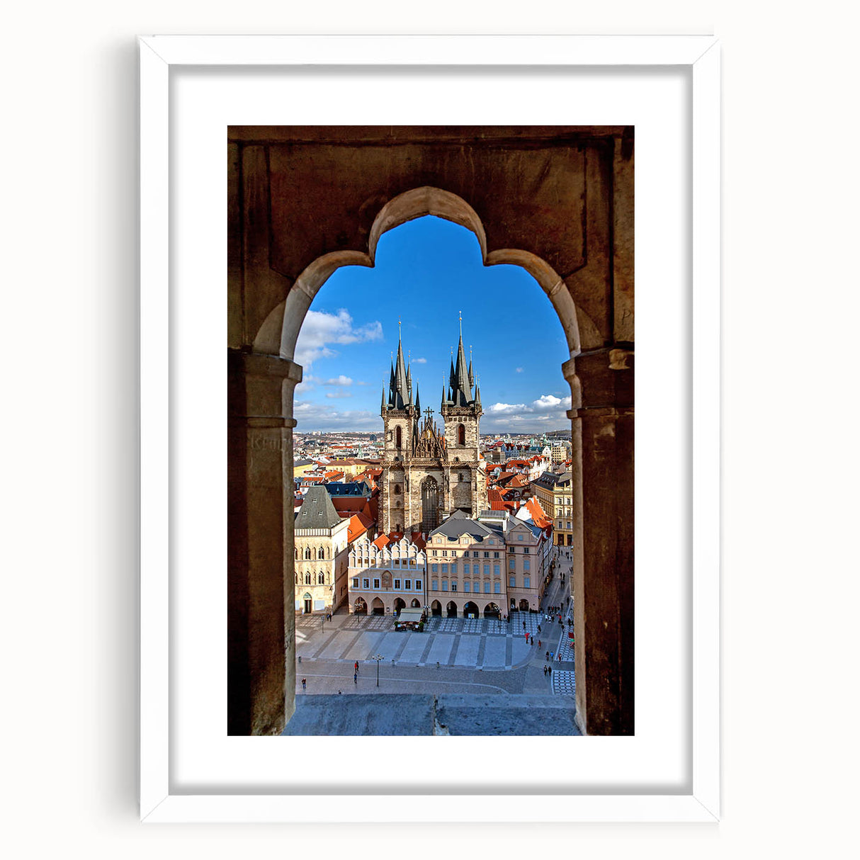 Abstract art print of Prague skyline in muted gray and blue tones, framed with a white mat.