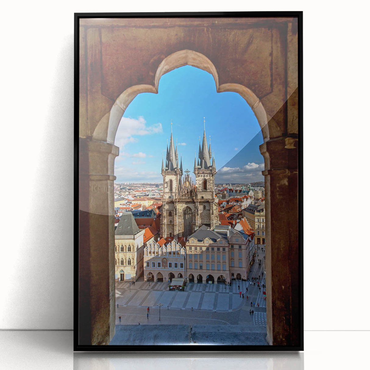 Large abstract wall art of Prague skyline in muted gray and blue tones on framed acrylic.