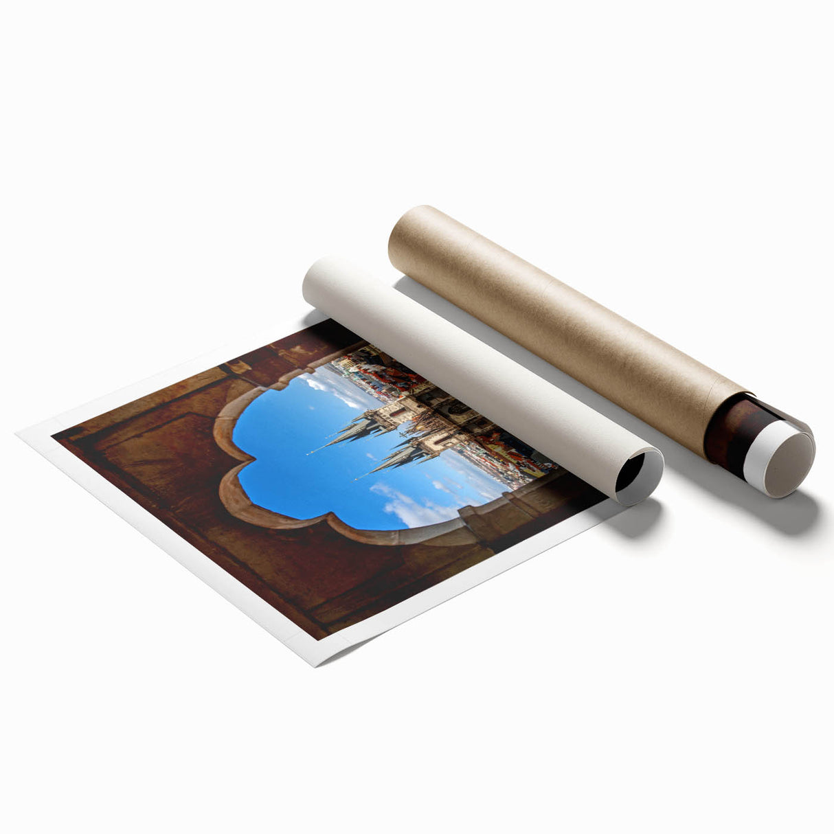 Extra large rolled print of Prague scenery with floral elements in soft hues, ideal for classy bathroom wall art.