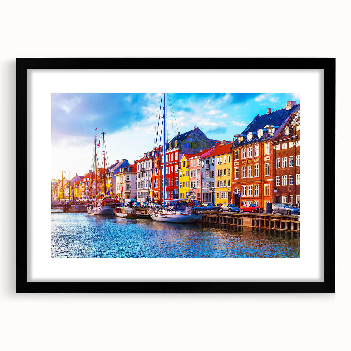 Extra large abstract art print of colorful European scenery on textured canvas, framed in black, ideal for living room decor.