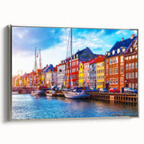 Landscape art painting of a European scene in Denmark, featuring colorful art on black framed canvas.