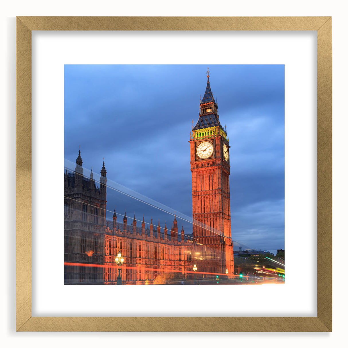 Abstract art print of Big Ben with muted gold and beige tones on a framed canvas, suitable for dining room decor.