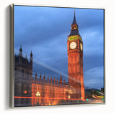 Framed canvas depicting Big Ben in muted black and gray with colorful accents, ideal for living room decor.