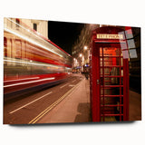 Large abstract depiction of the London skyline in muted gray and blue tones on acrylic glass.