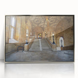 Acrylic print of Oxford skyline in muted earth tones, framed in silver, ideal for nursery wall art.