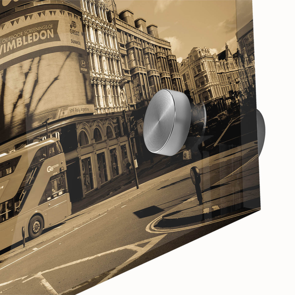 Mid-century modernist style large abstract depiction of Piccadilly, England in muted blue and gray tones on acrylic glass.