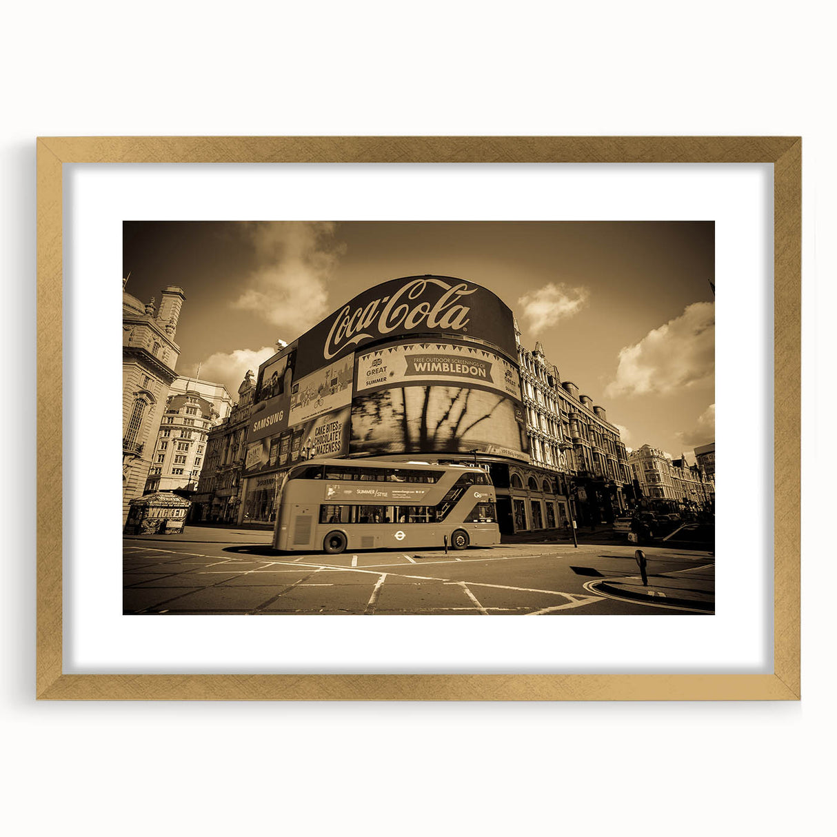 Abstract art print of Piccadilly, England in gold frame with mat, featuring muted earth tones, ideal for dining room decor.