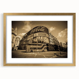 Abstract art print of Piccadilly, England in gold frame with mat, featuring muted earth tones, ideal for dining room decor.