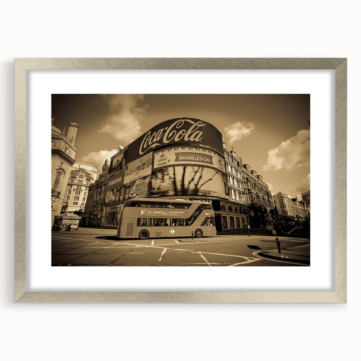 Extra large abstract art print of Piccadilly, England in textured silver frame, ideal for living room decor.