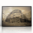 Large abstract wall art depicting Piccadilly, England in mid-century modernist style, framed in black acrylic.