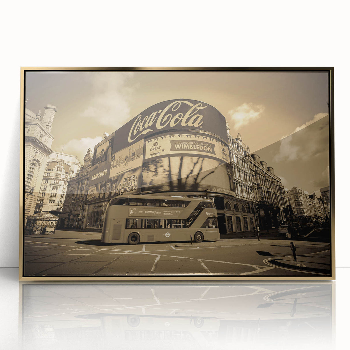 Art deco poster depicting Piccadilly, England in muted gold and blue tones, acrylic framed.