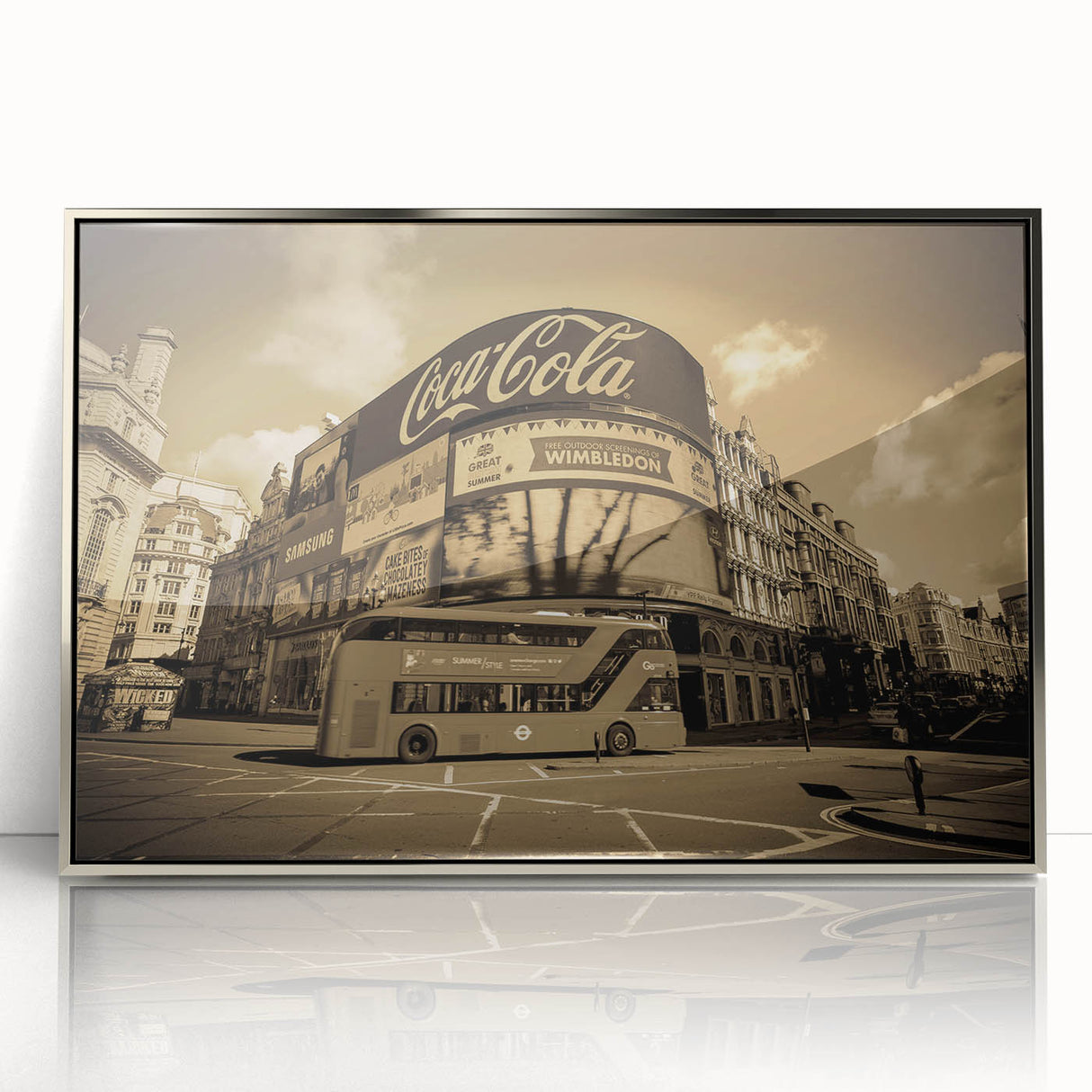 Large art print of Piccadilly, England in muted gray tones on a framed acrylic, suitable for modern art wall decor.