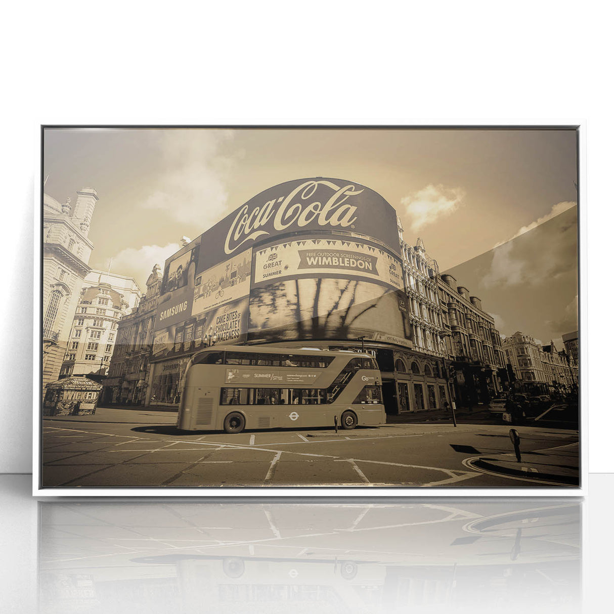 Mid-century modernist art depicting Piccadilly, England in muted colors on a framed acrylic, suitable for nursery wall art.