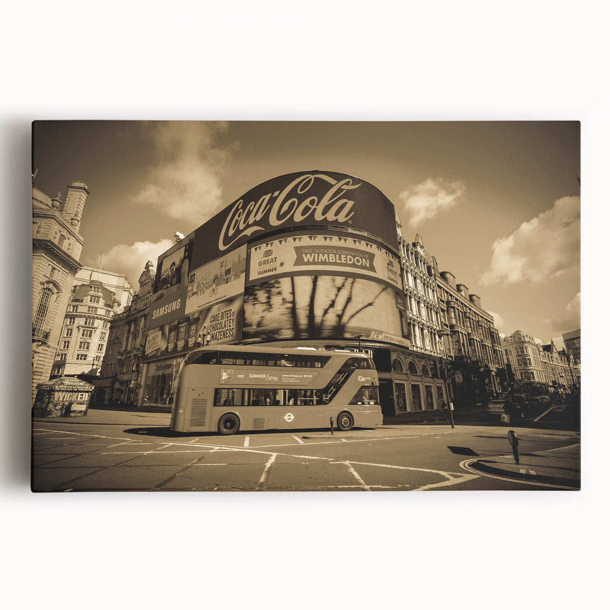 A large, black and white acrylic print depicting the bustling Piccadilly Circus, ideal for kitchen wall art or bedroom decor.