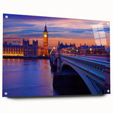 Acrylic print of the Thames River with soft blue and gray tones, ideal for dining room decor.