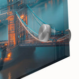 Mid-century modernist style acrylic print of Tower Bridge in muted blue tones, ideal for dining room art.