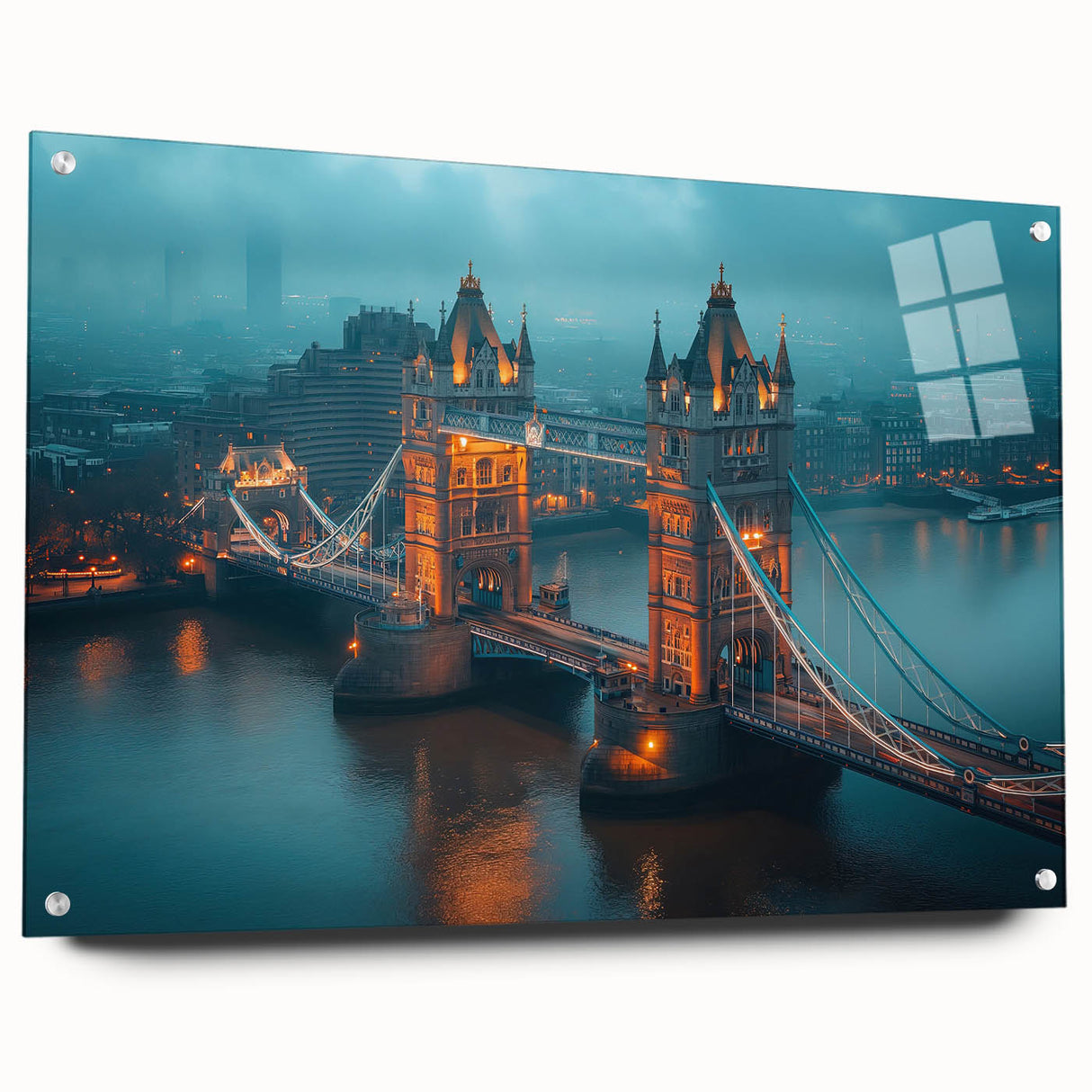 Acrylic print of Tower Bridge with soft gray and blue hues, suited for dining room decor.
