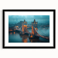 Abstract art print of Tower Bridge in vibrant colors on a framed black mat, ideal for extra large wall art in a living room.