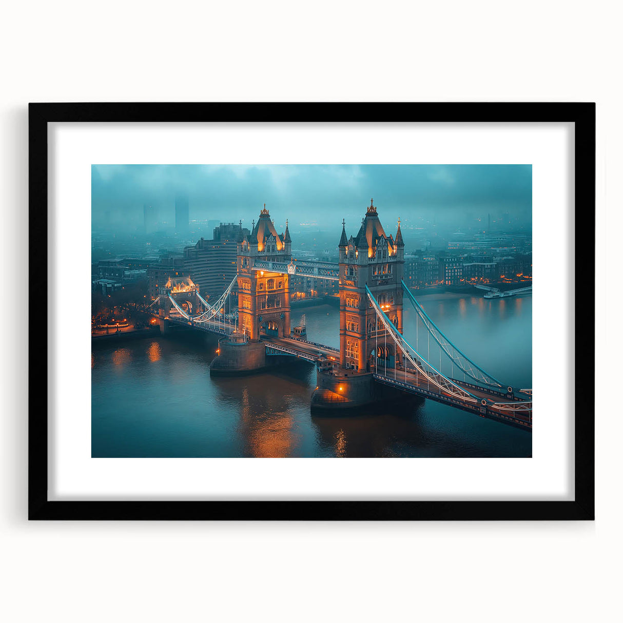 Abstract art print of Tower Bridge in vibrant colors on a framed black mat, ideal for extra large wall art in a living room.