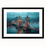 Abstract art print of Tower Bridge in vibrant colors on a framed black mat, ideal for extra large wall art in a living room.