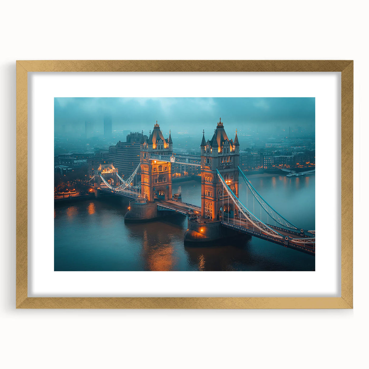 Abstract art print of the Tower Bridge in muted gray and blue tones on a framed canvas, ideal for dining room decor.